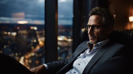 Thoughtful hotel CEO alone in luxury office at dusk