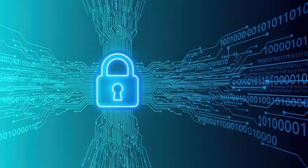 Digital security concept shows padlock circuit board and binary code for data protection cybersecurity and encryption technology