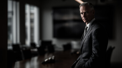 Mature businessman standing alone by conference table in boardroom