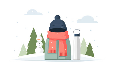  Hiking clothes and accessories against a winter landscape