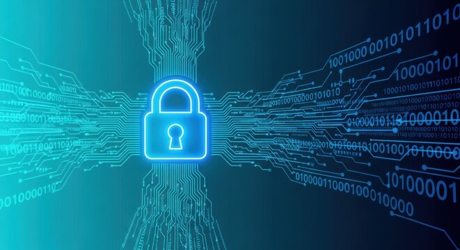 Digital security concept shows padlock circuit board and binary code for data protection cybersecurity and encryption technology