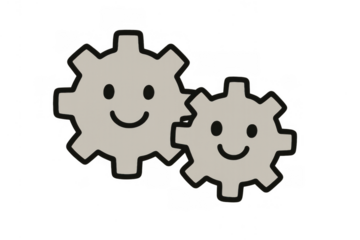 Two smiling cogs working together, symbolizing happy collaboration, effective partnership, and positive business solutions