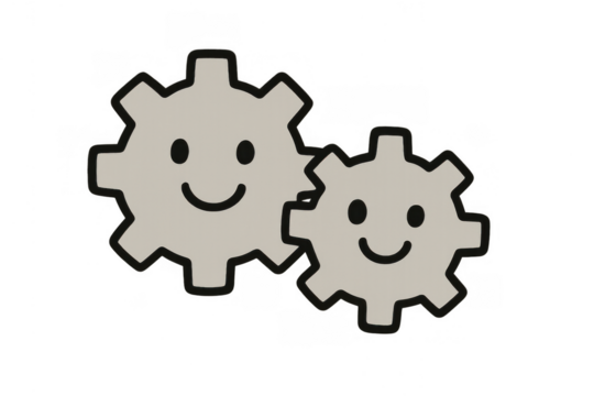 Two smiling cogs working together, symbolizing happy collaboration, effective partnership, and positive business solutions