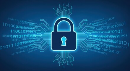 Digital security padlock represents data protection technology with glowing circuit board pattern and binary code for internet privacy
