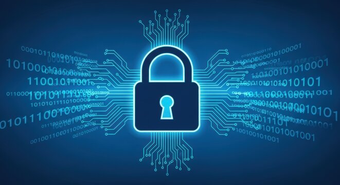Digital security padlock represents data protection technology with glowing circuit board pattern and binary code for internet privacy