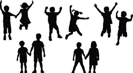 Silhouette group of happy children jumping and holding hands, kids playing together, childhood fun activity illustration, friendship outdoor concept