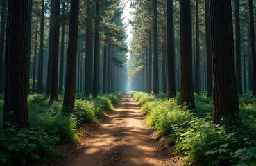 Obraz premium Straight pathway runs through green. Tall trees grow in forest. Path leads deep into plant grove. Natural environment eco system with sunlight. Rich vegetation at forest edge.
