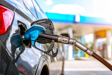 A car is refueling at a outdoors gas station in an urban setting. A close-up of the fuel pump being inserted into the tank. Gas pump nozzles