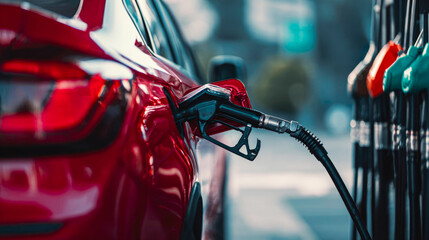 A car is refueling at a outdoors gas station in an urban setting. A close-up of the fuel pump being inserted into the tank. Gas pump nozzles