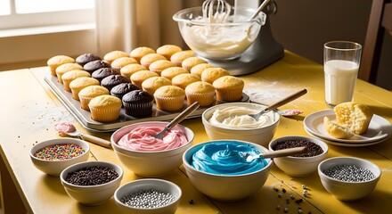A vibrant spread of freshly baked cupcakes, colorful frostings, and various sprinkles ready for decorating on a yellow table.