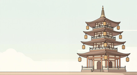 Elegant Asian pagoda with lanterns against a light background, representing culture and architecture
