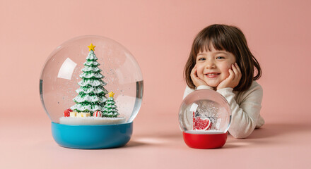 Cheerful girl smiling next to Christmas snow globes, showcasing holiday spirit and joy