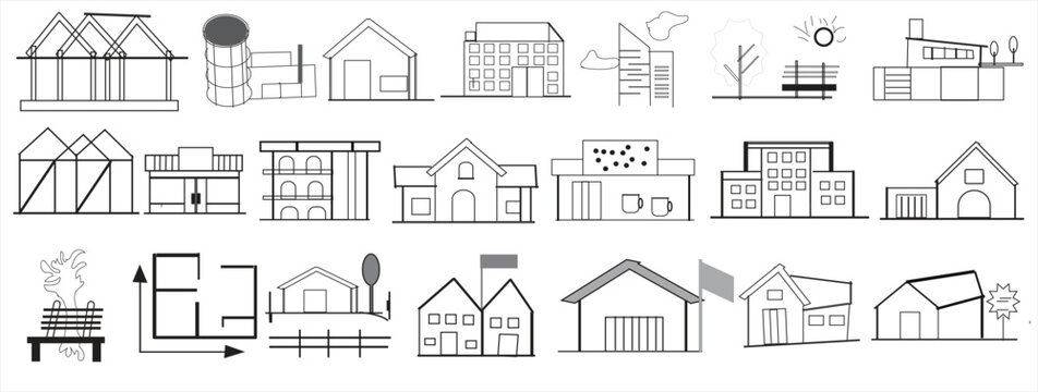Residential architecture line icon collection &mdash; various house shapes roof types, facade styles floor-plan symbols and minimal structural elements for property design urban planning, and vector illustr
