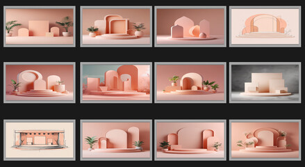 Abstract minimal scene with geometrical forms and podium.
