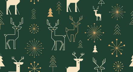 Elegant geometric reindeer and snowflake pattern with festive pine trees on a deep forest green background, perfect for holiday invitations and seasonal decor.