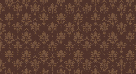 Rich, vintage damask wallpaper pattern in deep burgundy with ornate golden and green floral motifs, evoking classic elegance and timeless luxury.