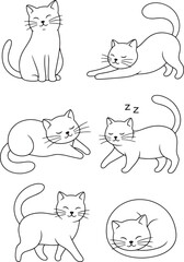 Collection of six cute cartoon cats in various poses