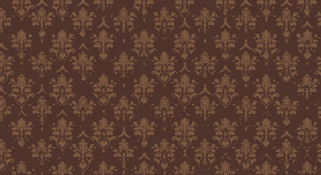 Rich, vintage damask wallpaper pattern in deep burgundy with ornate golden and green floral motifs, evoking classic elegance and timeless luxury.
