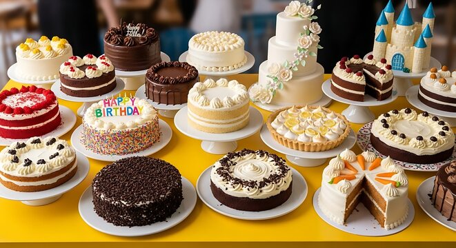 A vibrant assortment of various decorated cakes for different occasions on a yellow table.