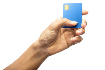 Fairskinned hand holding blue chip card isolated on a transparent background image