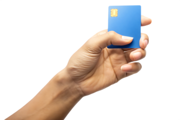Fairskinned hand holding blue chip card isolated on a transparent background image