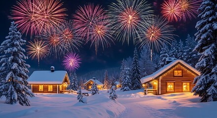 Festive winter wonderland scene featuring cozy cabins nestled in a snowy forest under a vibrant fireworks display celebrating new year's eve and holiday cheer