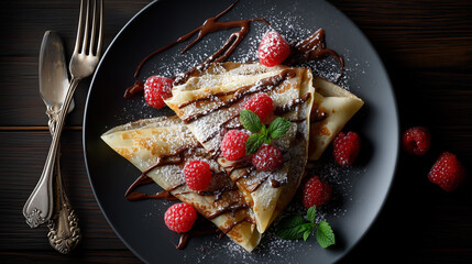 Gourmet French dessert crepes dusted with sugar and filled with chocolate