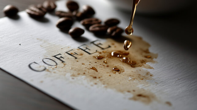 Creative coffee typography with beans and liquid spill