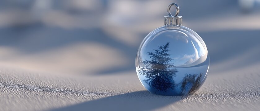 A glass container holds small evergreen trees and a pine cone, set on a snowy surface, creating a cozy winter atmosphere