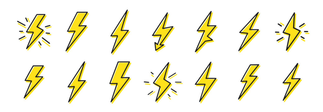 Lightning bolt icon vector set, electric energy flash symbol collection isolated on transparent background