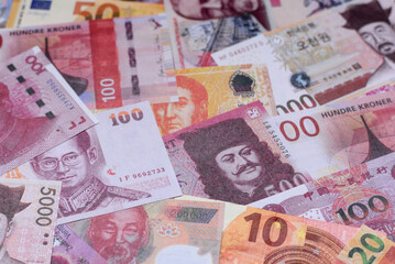 Money background, currency exchange, paper banknotes from different countries. Money cash currency