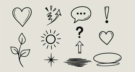 Collection of hand drawn doodle icons and symbols on a light background