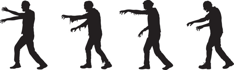 Zombie walking silhouettes set showing creepy undead character poses for horror design