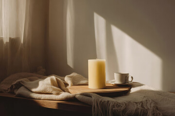 beautifully crafted candle with wax drippings rests on wooden board creating cozy atmosphere