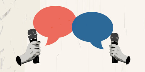 Two hands holding microphones with red and blue speech bubbles representing dialogue and debate