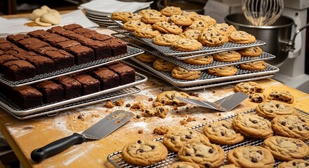 Freshly baked chocolate chip cookies and brownies cooling on wire racks in a kitchen setting.