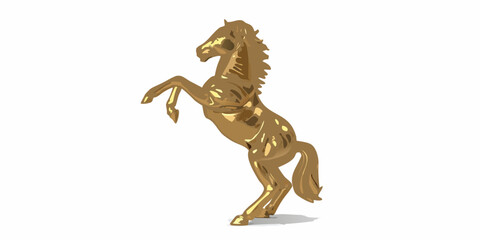 A gleaming golden horse sculpture rearing up on its hind legs against a clean white background