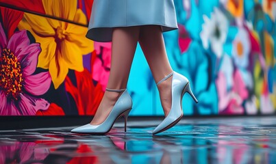 Light blue high heels and skirt walking on reflective pavement, with vibrant floral mural in the background.