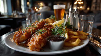 Crispy fish fillet with golden chips on dining table