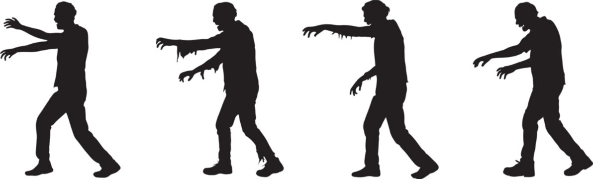 Zombie walking silhouettes set showing creepy undead character poses for horror design