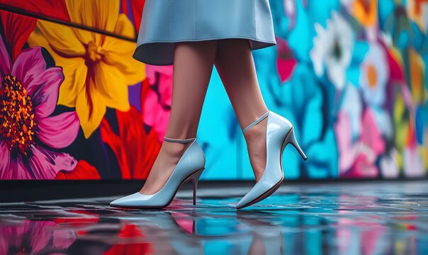 Light blue high heels and skirt walking on reflective pavement, with vibrant floral mural in the background.