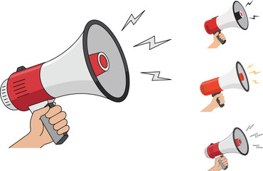 Hand holding loud red megaphone with sound waves, cartoon communication device illustration for announcement, alert message, promotion and warning design