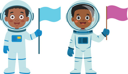 Cute smiling African boy astronaut holding yellow flag in space suit, cartoon character illustration for kids education, science fantasy artwork