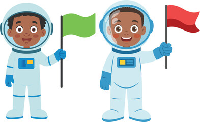 Cute smiling African boy astronaut holding yellow flag in space suit, cartoon character illustration for kids education, science fantasy artwork