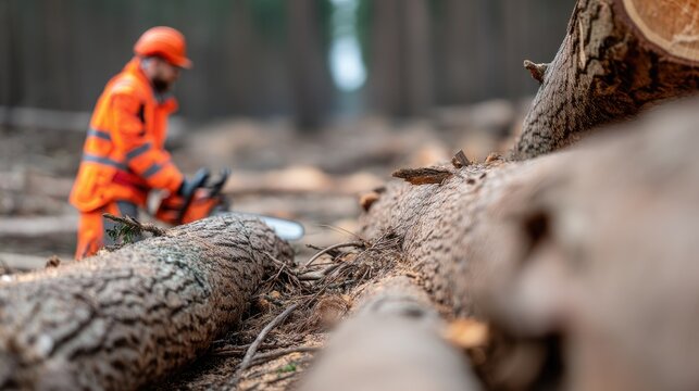 A person uses a chainsaw to cut a large log by a tranquil waterbody, surrounded by lush greenery on a sunny day