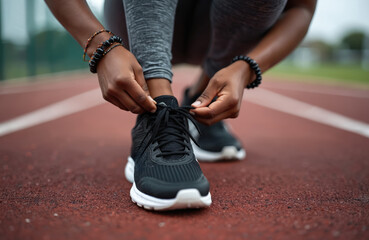 Black woman laces sneaker on running track. Athlete prepares for jogging in park. Female tying shoelaces before workout. Girl getting ready to run marathon. Sportswoman wears activewear, bracelets