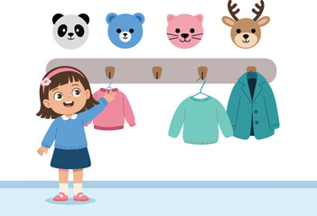 Cute little girl choosing clothes from animal-themed wall hooks, children wardrobe organization illustration for preschool learning, kindergarten dressing activity art