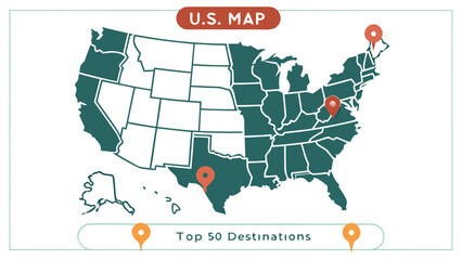“U.S. bucket list map with top 50 destinations marked, infographic vector”