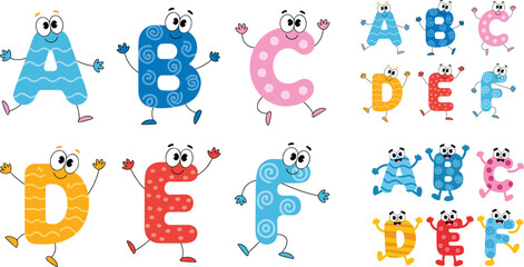 Cute colorful cartoon alphabet letters A to F with smiling faces, playful kids education design for learning, preschool teaching materials
