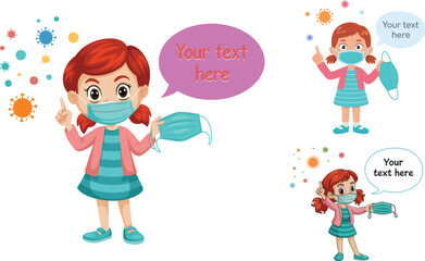 Cute cartoon girl wearing medical mask holding extra face mask, health safety awareness illustration with virus icons and editable text bubble
